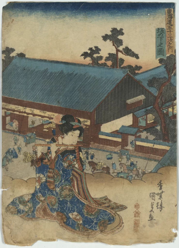 Traditional Japanese Art Woman Blue And Red Ukiyo-E Historical Scene