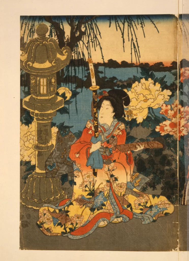 Traditional Japanese Art Woman Kimono Garden Lantern Peonies