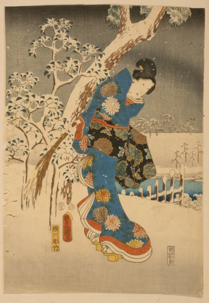 Traditional Japanese Art Woman Kimono Snow Tree Ukiyo-e