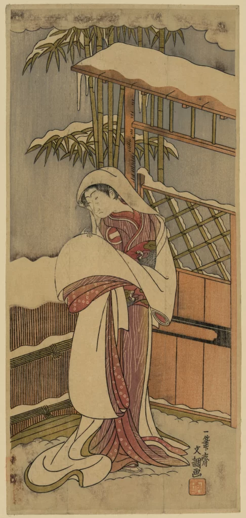 Traditional Japanese Art Woman Winter Bamboo Red And White Ukiyo-e