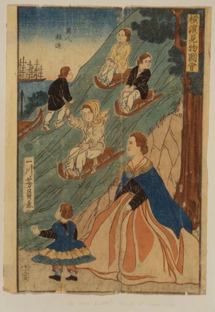 Traditional Japanese Art Woodblock Print Children Sledding Historical Clothing Scenic Landscape Cultural Depiction