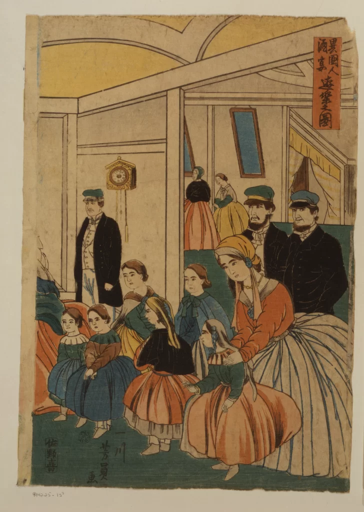 Traditional Japanese Art Woodblock Print Historical Scene Cultural Depiction Family Gathering