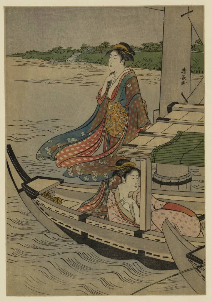 Traditional Japanese Attire Boat River Nature Cultural Scene