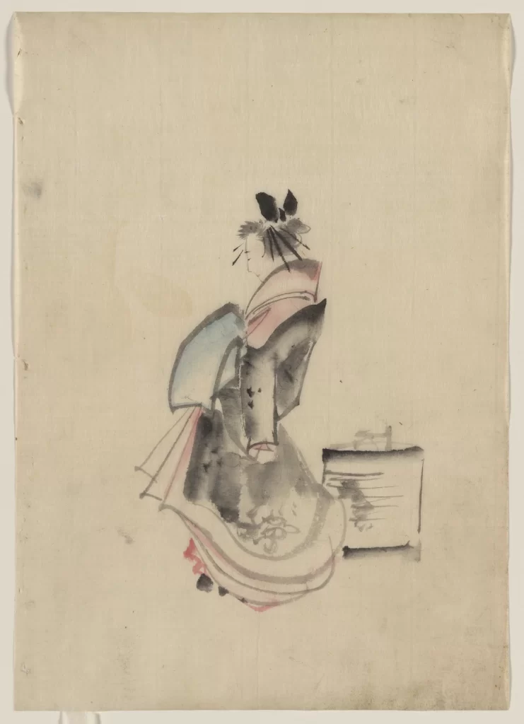 Traditional Japanese Attire Elegant Posture Soft Brushstrokes Minimalistic Background Cultural Heritage Historical Art Form