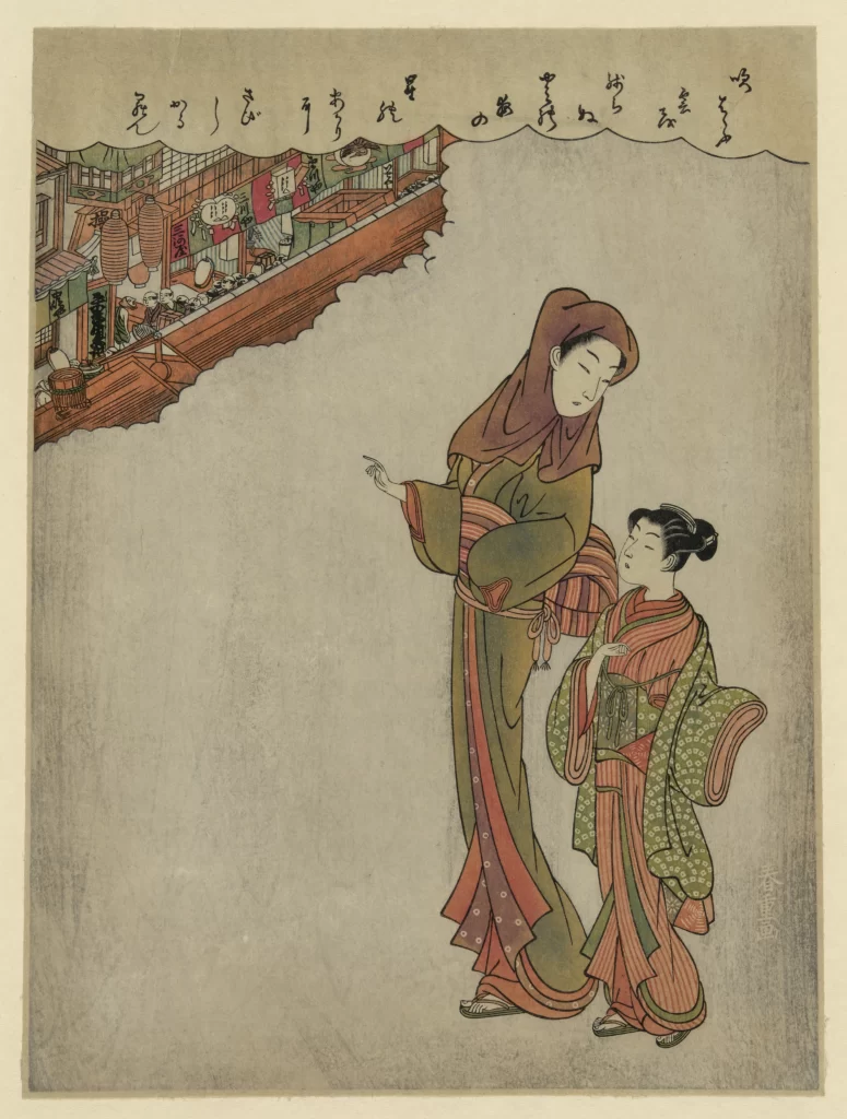 Traditional Japanese Attire Mother And Child Warm Colors Historical Scene Cultural Artistry