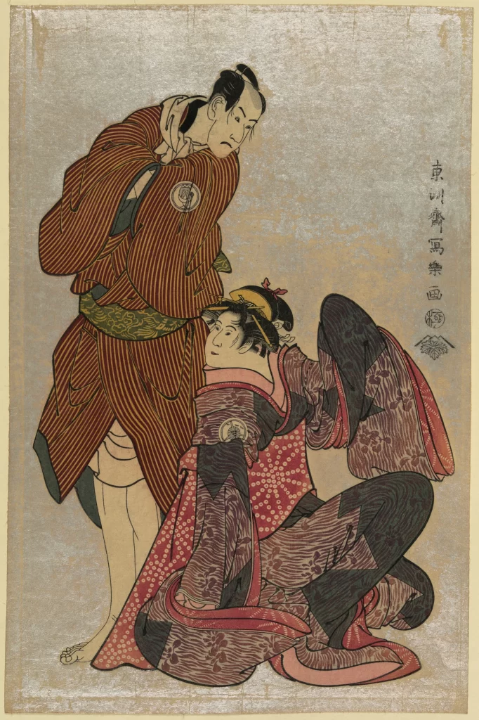Traditional Japanese Attire Red And Black Patterns Ukiyo-e Style Historical Figures Cultural Depiction