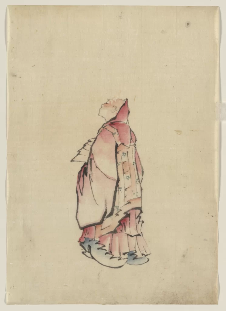 Traditional Japanese Attire Red And White Flowing Robe Detailed Patterns Serene Expression Historical Figure