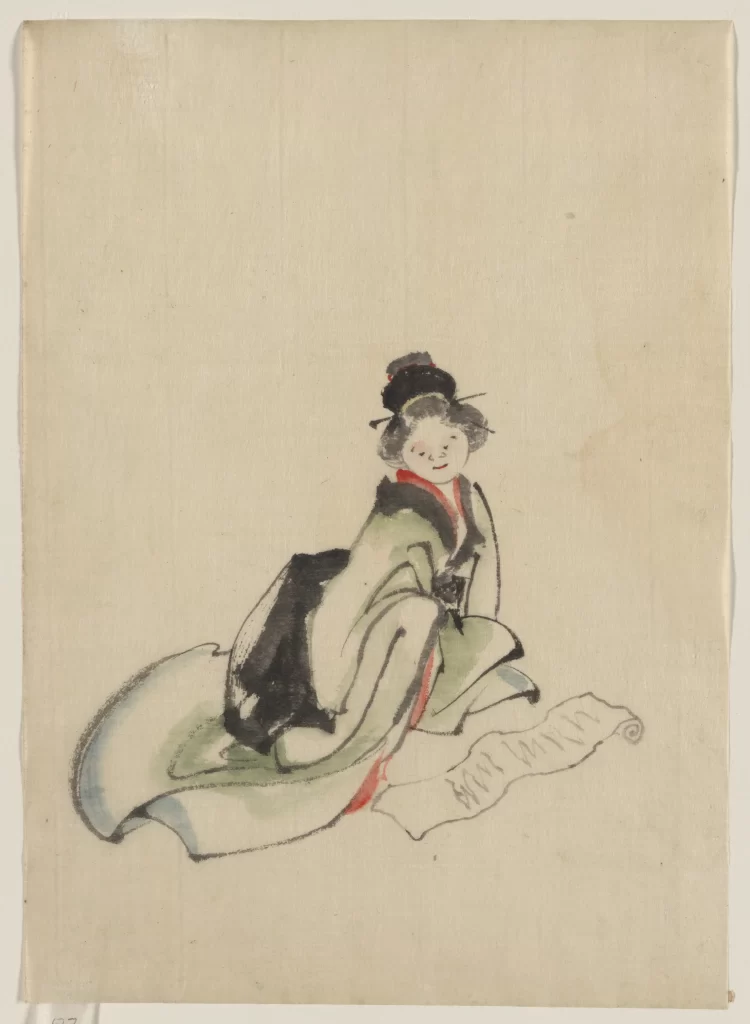 Traditional Japanese Attire Seated Figure Soft Colors Flowing Garment Poised Elegance Cultural Representation