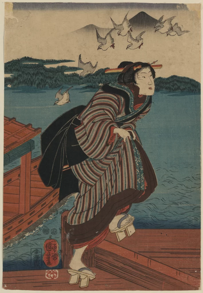 Traditional Japanese Attire Serene Landscape Birds In Flight Vibrant Colors Historical Art Style