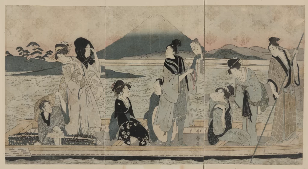 Traditional Japanese Attire Serene Landscape Mount Fuji Boat Cultural Scene Artistic Style