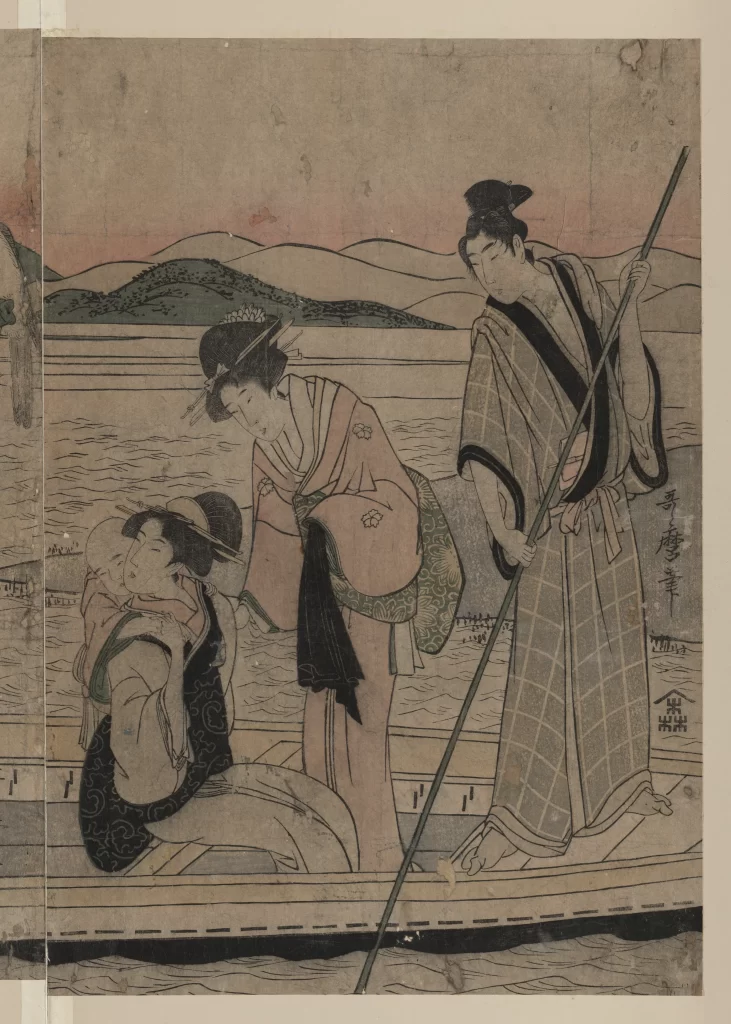 Traditional Japanese Attire Serene Landscape Soft Pastel Colors Historical Scene Cultural Artistry