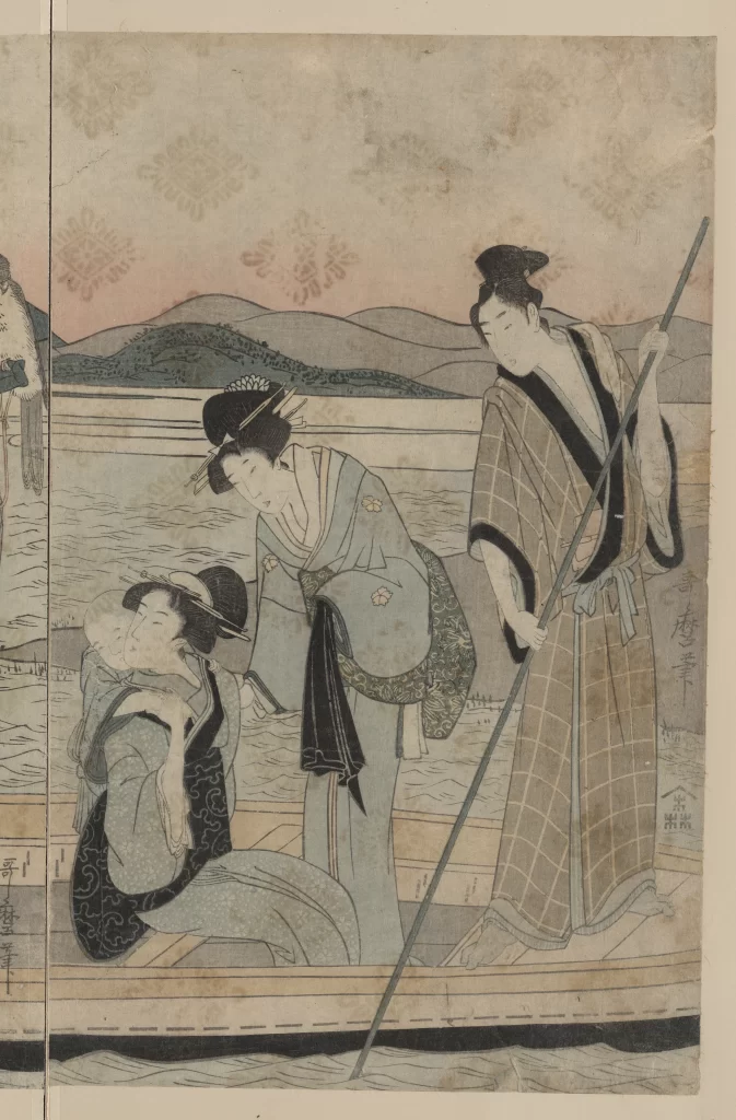 Traditional Japanese Attire Serene Landscape Soft Pastel Colors Historical Scene Cultural Depiction