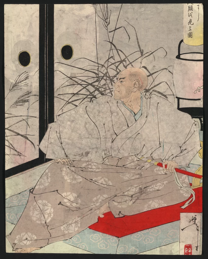 Traditional Japanese Attire Serene Setting Muted Colors Contemplative Pose Cultural Artistry Historical Ambiance