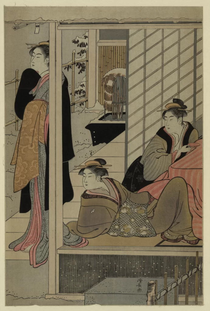 Traditional Japanese Attire Serene Setting Muted Colors Cultural Art Historical Scene