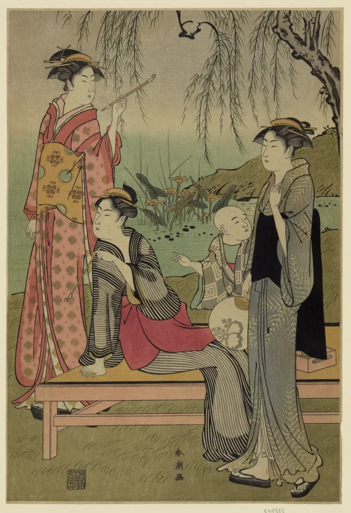 Traditional Japanese Attire Serene Setting Pastel Colors Cultural Art Historical Scene