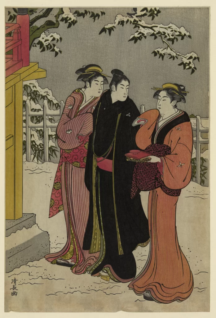 Traditional Japanese Attire Snowy Landscape Cultural Art Historical Figures Ukiyo-e Print Serene Atmosphere