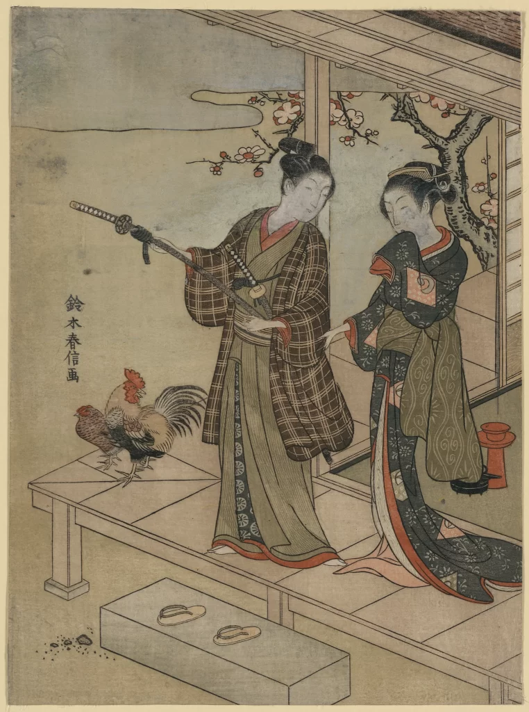 Traditional Japanese Attire Ukiyo-e Art Rooster Sword Cherry Blossoms Historical Scene