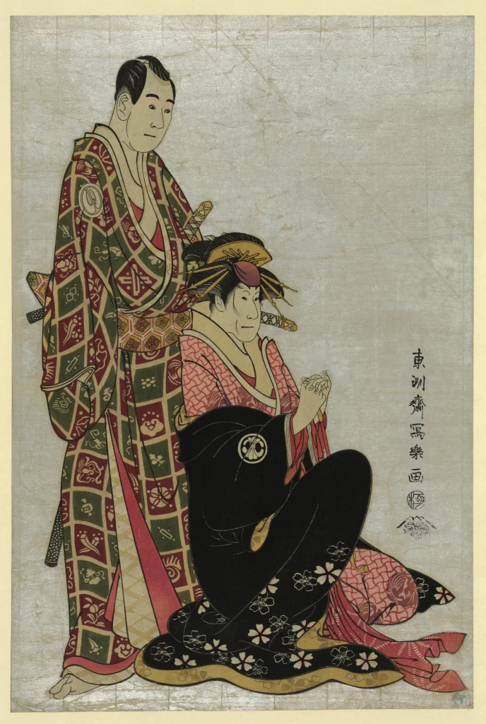Traditional Japanese Attire Ukiyo-e Red And Black Intricate Patterns Historical Figures