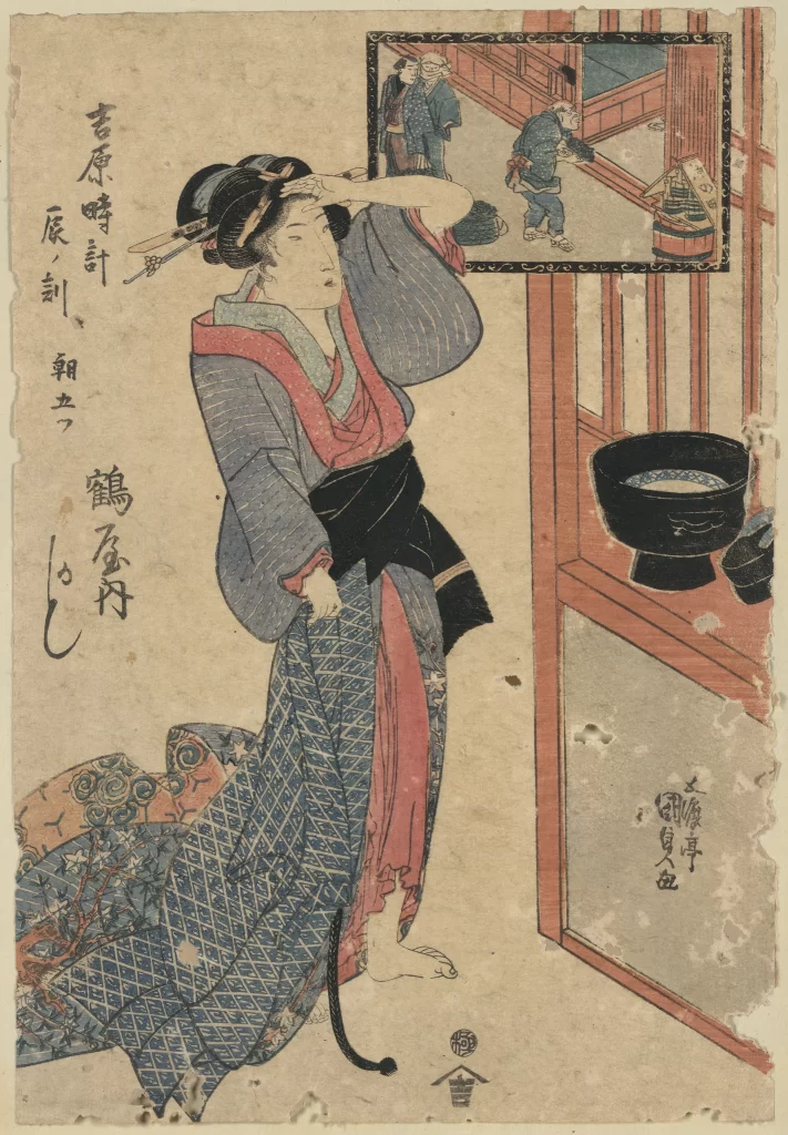Traditional Japanese Attire Ukiyo-e Woman Blue And Red Intricate Patterns Historical Scene