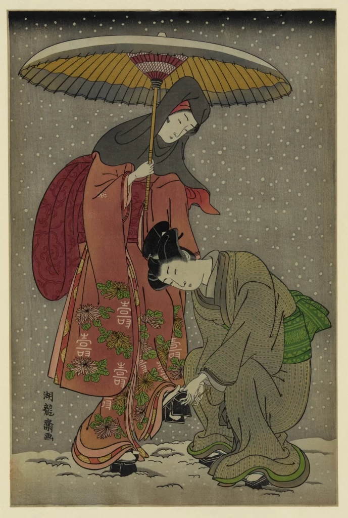 Traditional Japanese Attire Umbrella Red And Green Snow Ukiyo-e Style