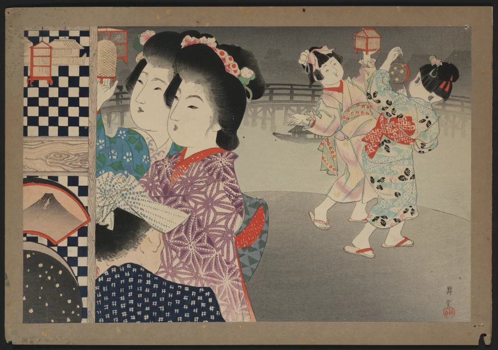 Traditional Japanese Attire Vibrant Colors Cultural Scene Historical Art Ukiyo-E Style Everyday Life