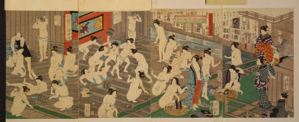 Traditional Japanese Bathhouse Cultural Scene Historical Art Communal Bathing Ukiyo-e Print