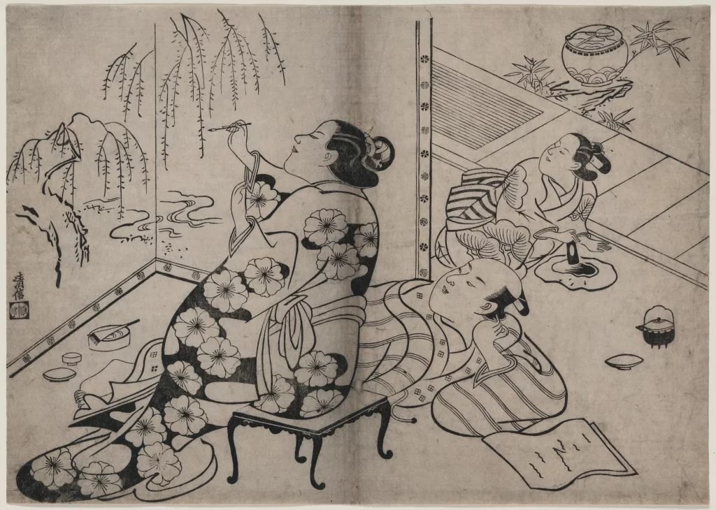 Traditional Japanese Black And White Ukiyo-e Indoor Scene Cultural Elements