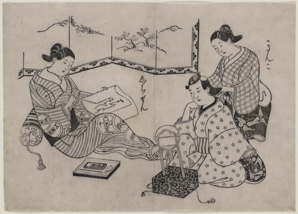 Traditional Japanese Black And White Ukiyo-e Women Indoor Scene Cultural Activity