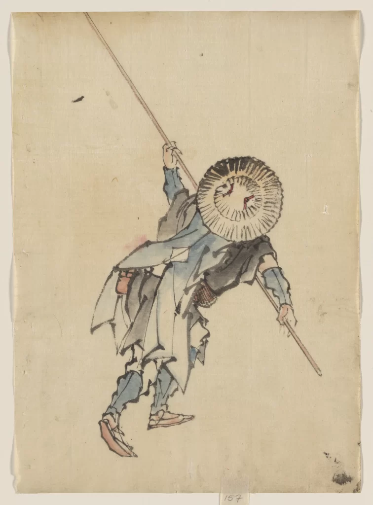 Traditional Japanese Figure Conical Hat Long Staff Dynamic Posture Historical Attire