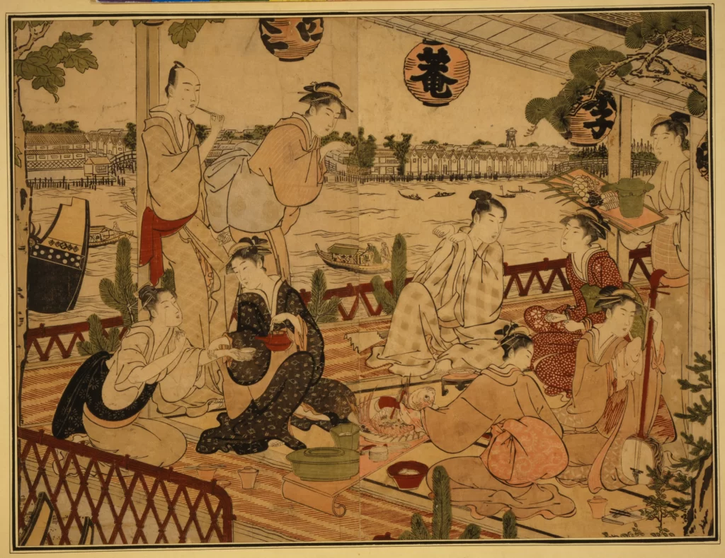 Traditional Japanese Gathering Tea Ceremony River View Cultural Attire Historical Setting