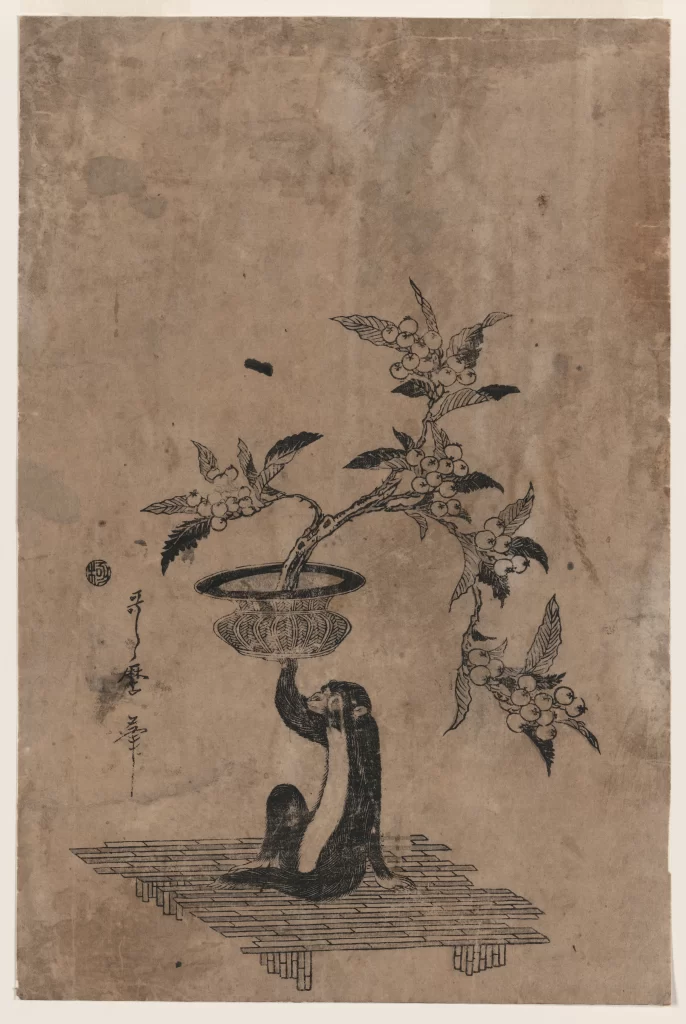 Traditional Japanese Ink Painting Monkey Fruit Tree Bamboo Mat Black And White Minimalist