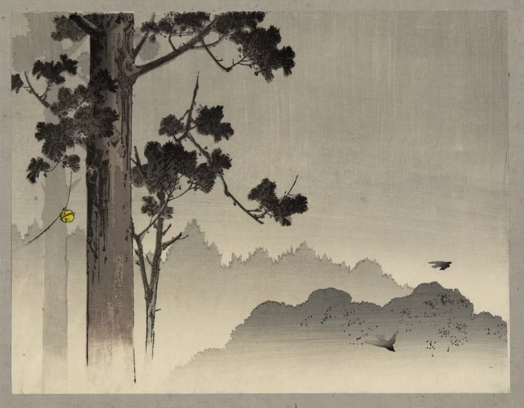 Traditional Japanese Ink Painting Nature Trees Birds Monochrome Serene