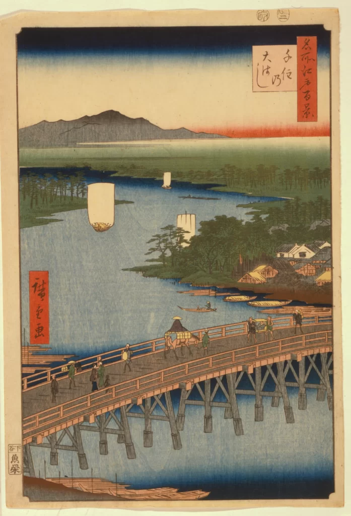 Traditional Japanese Landscape Bridge Boats People Nature Art