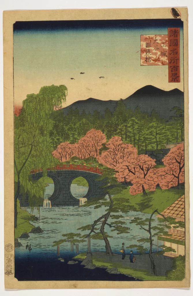 Traditional Japanese Landscape Bridge Cherry Blossoms River Mountains