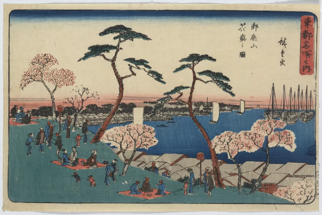 Traditional Japanese Landscape Cherry Blossoms Blue Sky Red And White Woodblock Print