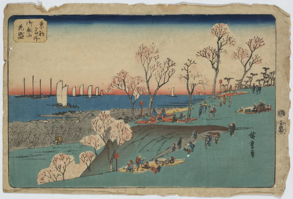 Traditional Japanese Landscape Cherry Blossoms Blue Sky Sailboats People Gathering Ukiyo-E Style