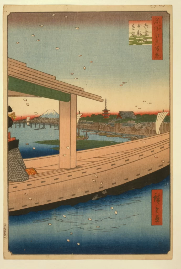 Traditional Japanese Landscape Cherry Blossoms Mount Fuji Water Architecture