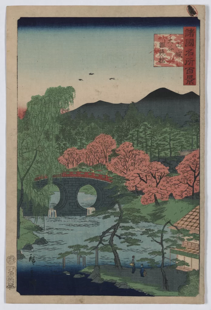 Traditional Japanese Landscape Cherry Blossoms Stone Bridge Serene River Mountain Backdrop Ukiyo-e Style