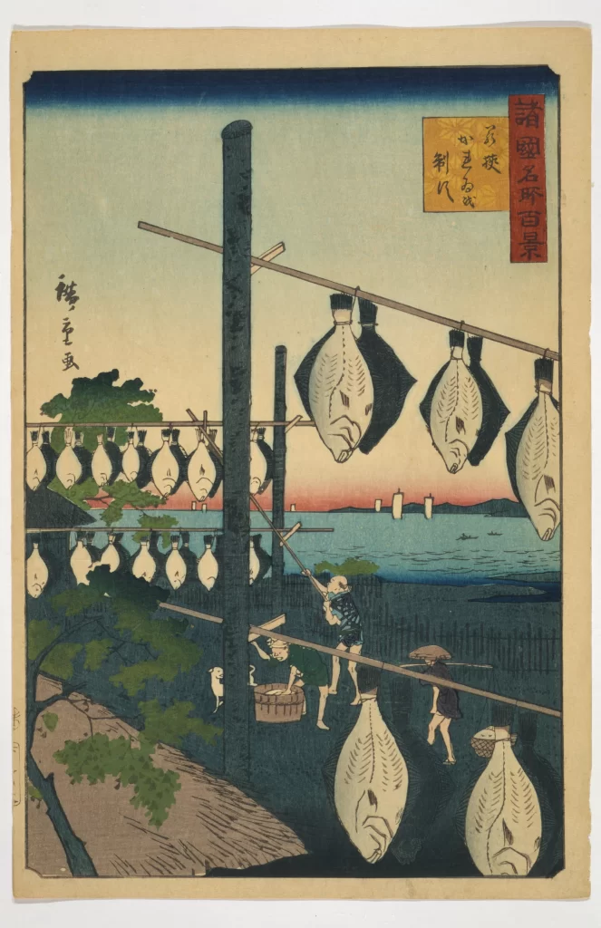 Traditional Japanese Landscape Fish Drying Edo Period Ukiyo-e Rural Scene
