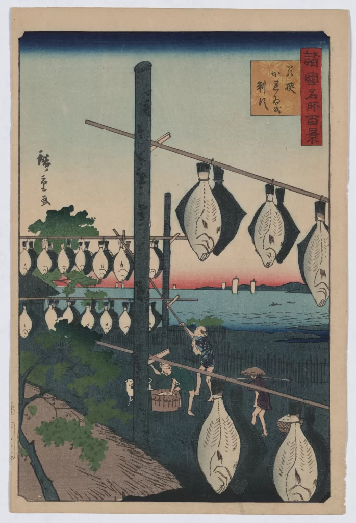 Traditional Japanese Landscape Fish Drying Vibrant Colors Serene Atmosphere Cultural Scene