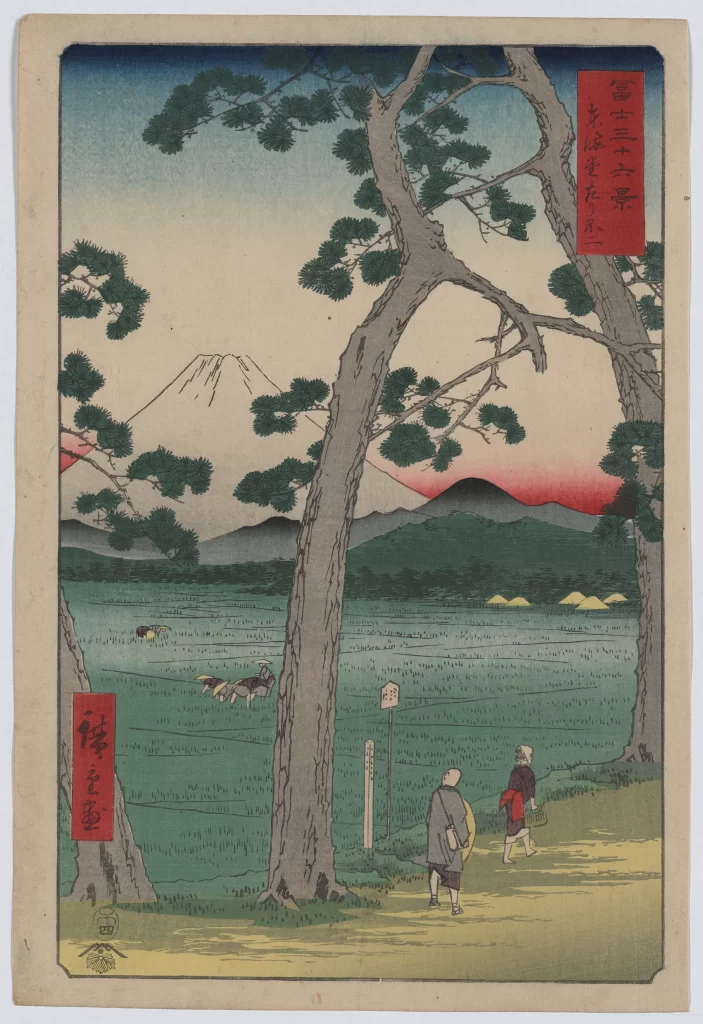 Traditional Japanese Landscape Mount Fuji Serene Natural Colors Woodblock Print Rural Scene