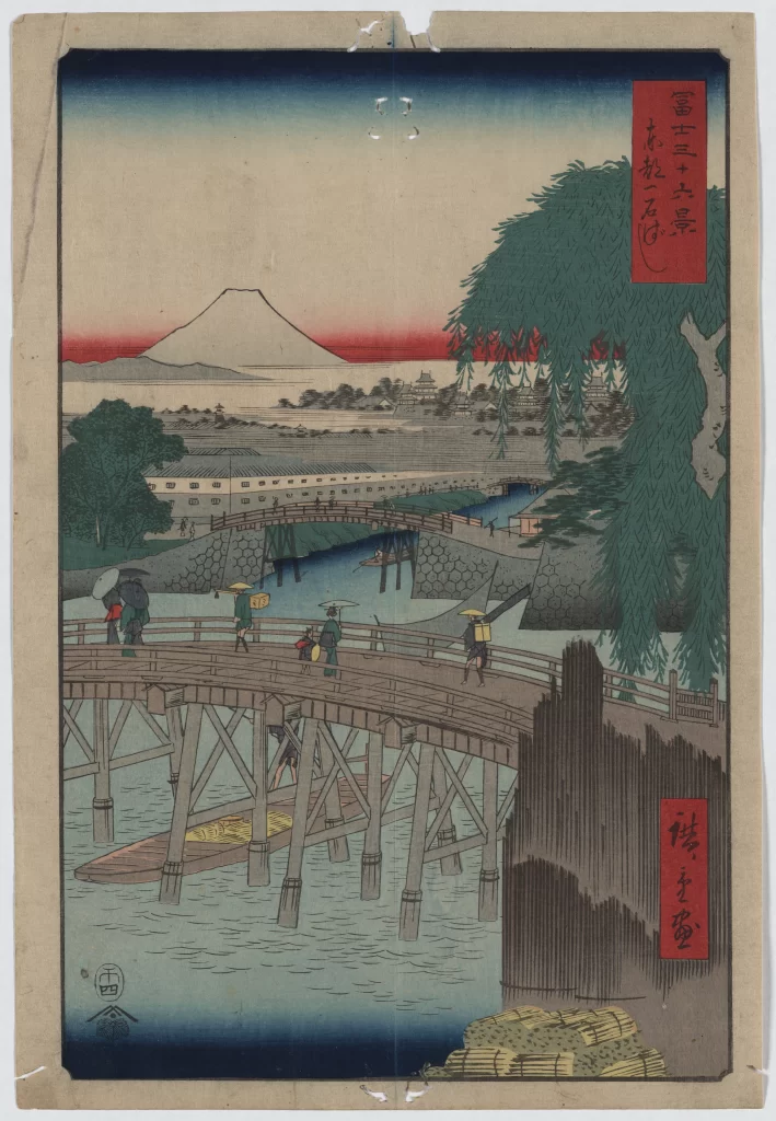 Traditional Japanese Landscape Mount Fuji Wooden Bridge River Greenery Ukiyo-E Style