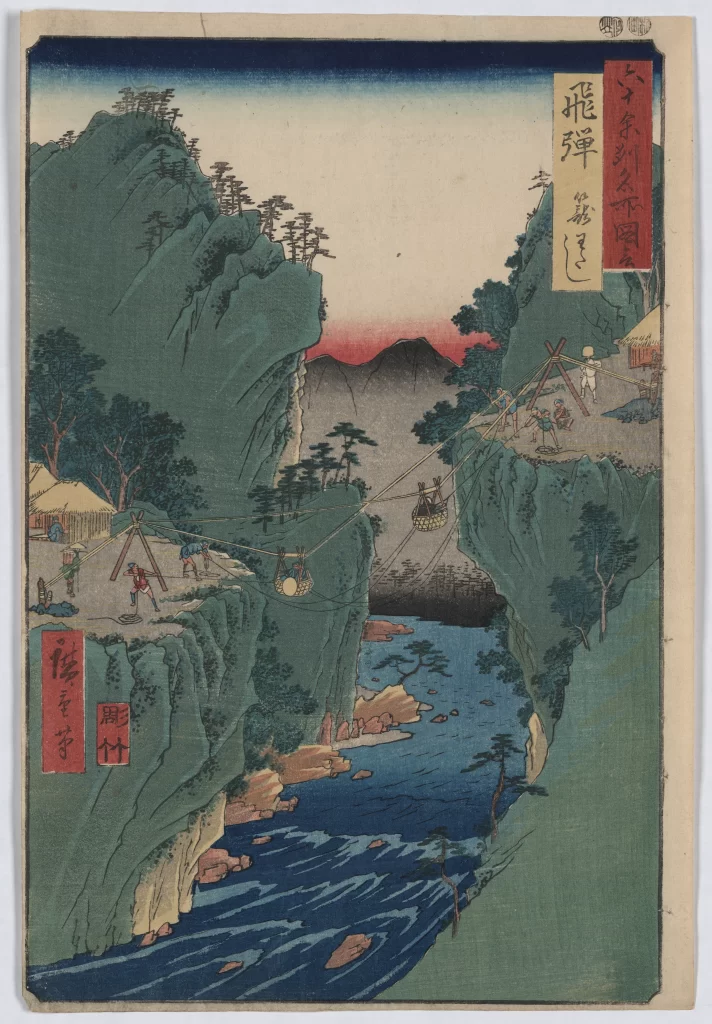 Traditional Japanese Landscape Mountainous Scenery River Wooden Bridge Serene Atmosphere Cultural Heritage