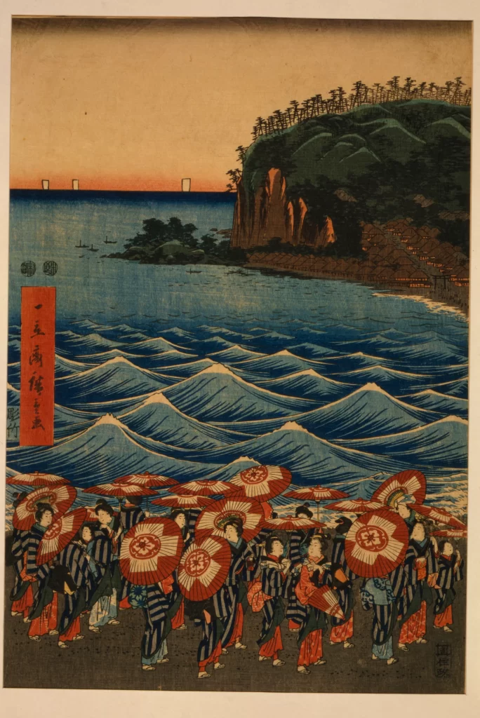 Traditional Japanese Landscape Ocean Waves Umbrellas Edo Period Woodblock Print