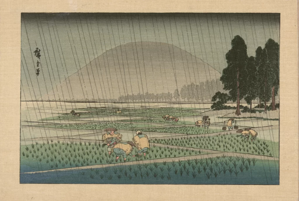 Traditional Japanese Landscape Rain Farmers Green Fields Mountain Woodblock Print