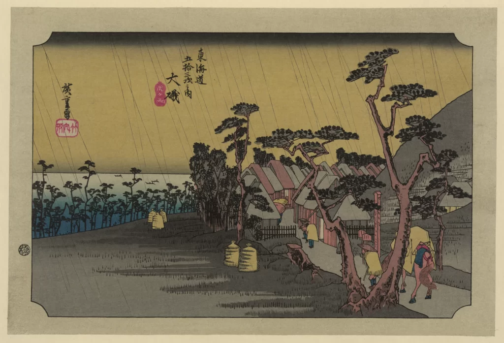 Traditional Japanese Landscape Rain Trees Houses Serene Woodblock Print