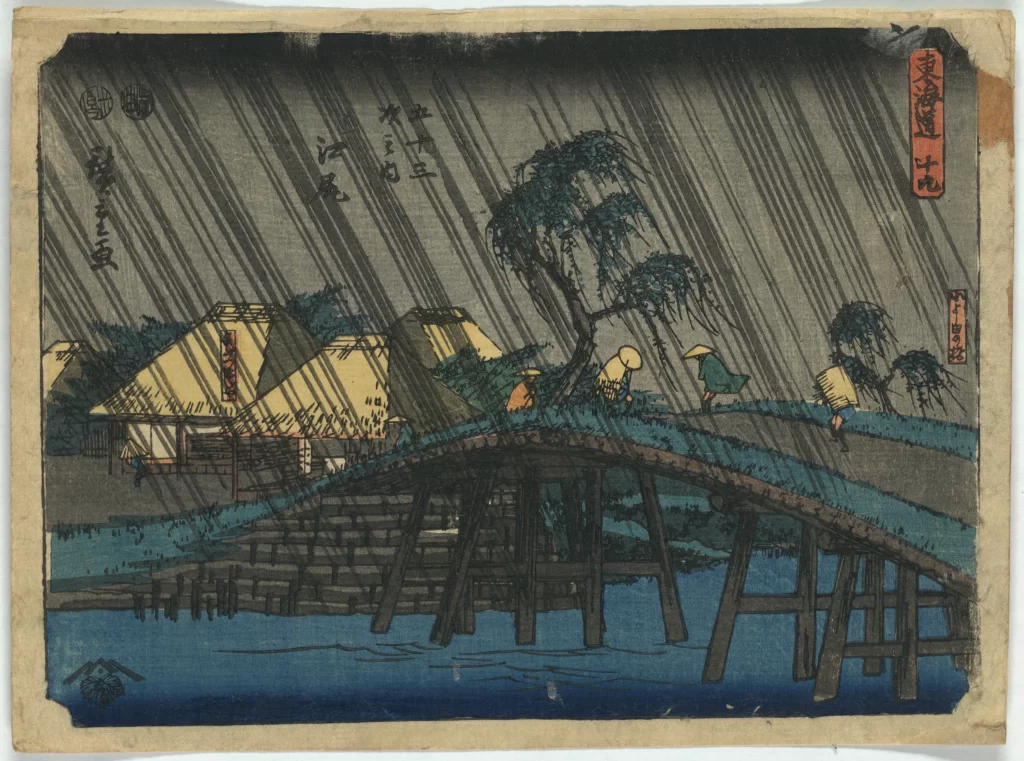 Traditional Japanese Landscape Rain Wooden Bridge Blue Hues Edo Period Woodblock Print