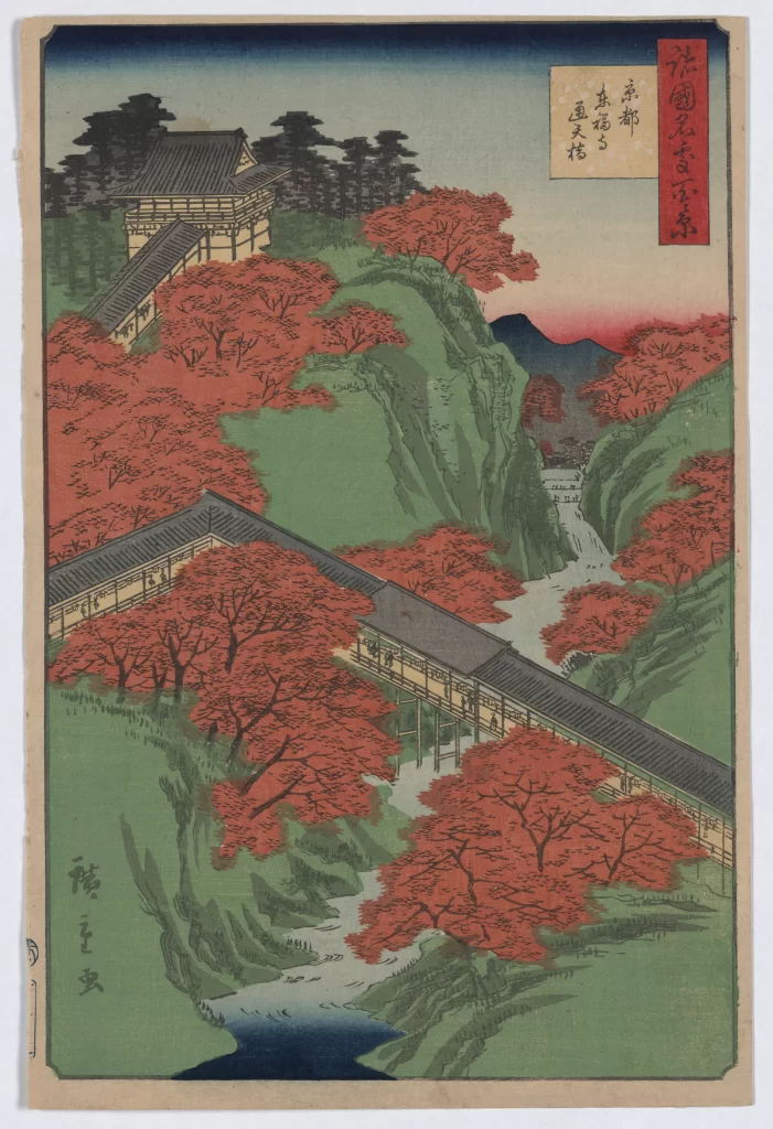 Traditional Japanese Landscape Red Autumn Leaves Wooden Bridge Mountain Serene River Ukiyo-e Style