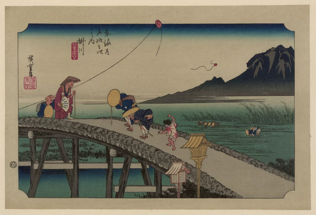 Traditional Japanese Landscape Serene Blue And Green Hues Woodblock Print Figures Kite