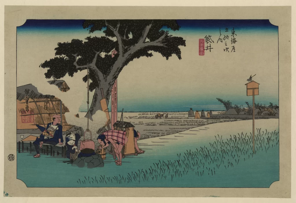 Traditional Japanese Landscape Serene Blue And Green Hues Woodblock Print Rural Scene Cultural Depiction